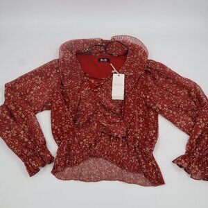Miss Me Rust Orange Floral Pleat Lace Up Ruffle Blouse MT2499L Women Small NEW